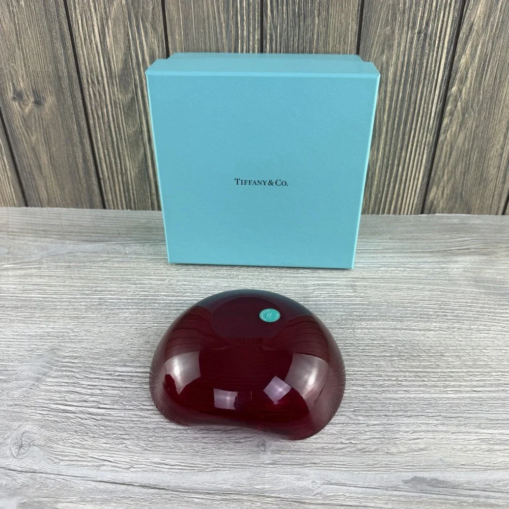 Tiffany & Co Elsa Peretti Thumbprint Dish Red Venetian Glass 24K Gold 5